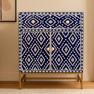 Bone Inlay Storage Cabinet, Royal Blue with Ikat pattern Dresser, Handcrafted Buffet, Handmade Dresser
