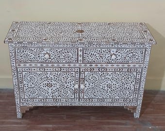 Teak wood Inlay Sideboard | 2-Drawers 2-Doors Buffet | Handcrafted Storage-Unit | Scroll-Vine Cabinet | Personalized Furniture