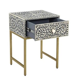 Bone Inlay One Drawer Bedside Table Indigo Blue Floral Night Stand ...