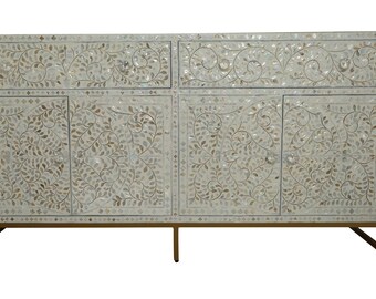 Handmade Mother of Pearl Inlay Two Door Two Drawer Buffet with Scroll vine Design in White