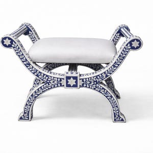 Handmade Bone Inlay Roman Stool | Navy Blue | Floral Vanity Seat | Handcrafted Home Decor Furniture