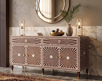 Aparador tipo buffet hecho a mano con incrustaciones de hueso, modelo Sunrise, 2 cajones, 4 puertas, mueble de almacenamiento.