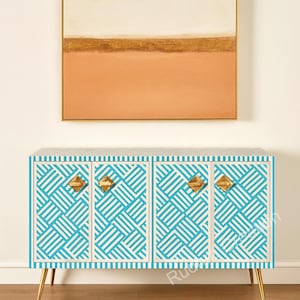 Handmade Bone Inlay Media Cabinet | Blue Optical Pattern TV Console | Handcrafted Media-Unit | Home-Decor Furniture