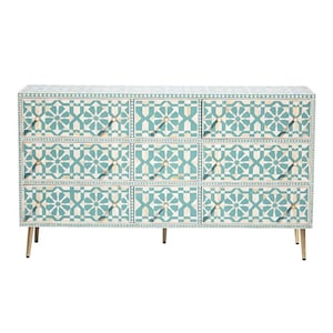 Bone Inlay Dresser | Nine Drawer Chest | turquoise Green | Dresser storage | Handcrafted Storage Unit | Buffet | Home Decor Furniture