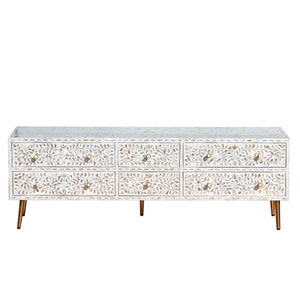 Mother of Pearl Inlay Media Cabinet | Scroll Vine Pattern TV Cabinet | Media Unit | Home Decor Furniture | Handmade Media Storage unit