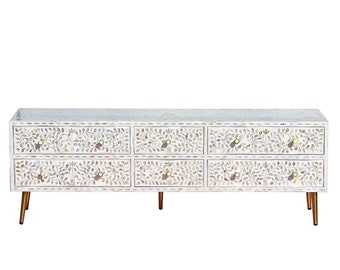 Mother of Pearl Inlay Media Cabinet, Scroll Vine Pattern Media Cabinet, Media Unit, TV Cabinet, entertainment Unit, Bone Inlay Furniture