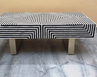 Handgefertigter Knochen Inlay Streifen Design Couchtisch In Schwarz - Kostenlose Lieferung