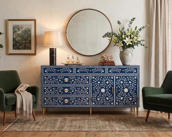 Bone Inlay Dresser, Handcrafted 6-Drawers 2-Doors Blue Storage Unit, Handmade Side Board scroll-vine