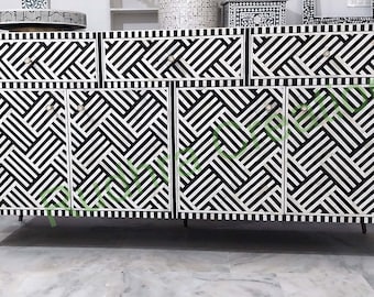 Handmade: Large Bone Inlay Side Board in optical pattern, Buffet, Dresser, Bone Inlay Storage Furniture