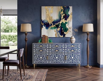 Bone Inlay Dresser, Handcrafted 6-Drawers 3-Doors Blue Storage Unit, Handmade Side Board scroll-vine