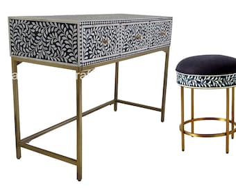 Handcrafted Natural Scroll Vine Bone Inlay Vanity Table and Stool Neavy Blue: Timeless Craftsmanship for Your Space