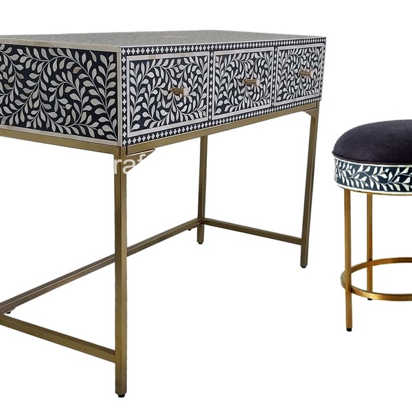 Handcrafted Natural Scroll Vine Bone Inlay Vanity Table and Stool Neavy Blue: Timeless Craftsmanship for Your Space