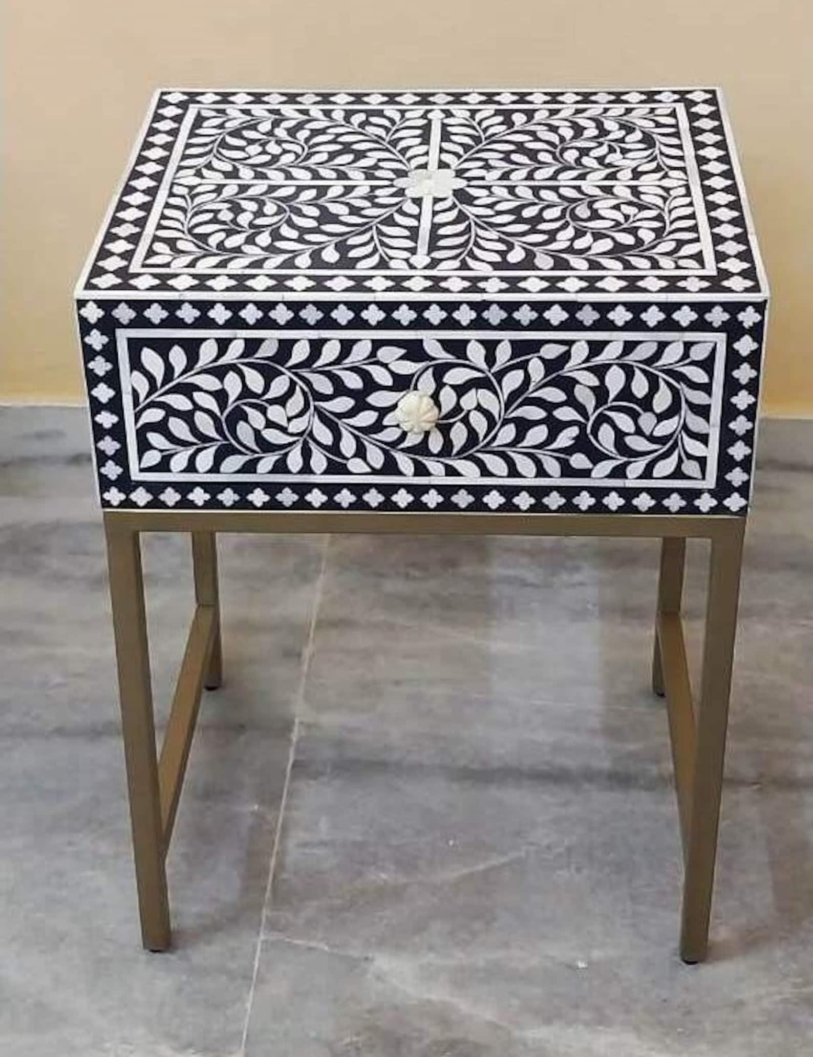 Bone Inlay One Drawer Bedside Table Indigo Blue Floral Night Stand ...