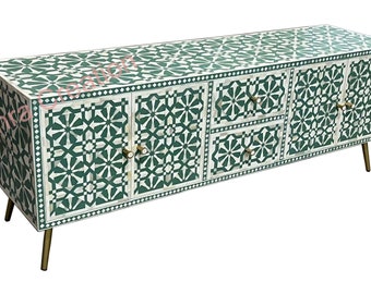 Bone Inlay Media Console with Moroccan pattern in Mint Green, Media Unit, TV Cabinet, entertainment Unit, Bone Inlay Furniture