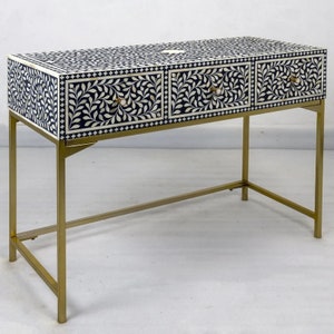 Bone Inlay Vanity Table | Drawer Storage Vanity | Work Desk | Study Desk | Scroll Vine Pattern | Navy Blue | Storage Vanity - Free Shipping