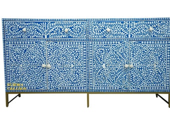 Indian Bone Inlay Two Drawer Buffet with Scroll vine Inlay Pattern in Sky Blue color, Side Board-Drawer Storage Unit