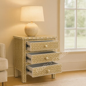 Bone Inlay Bedside Table | Mustard Yellow Drawer Nightstand | Handcrafted Indian Furniture