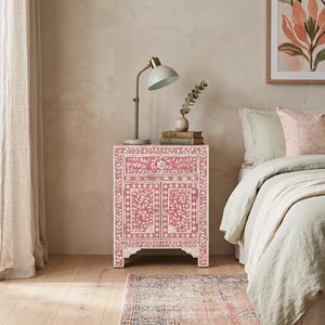 Mesita de noche con incrustaciones de hueso / Mesita auxiliar con almacenamiento / Mesita de noche de 1 cajón y 2 puertas / Mesa esquinera con almacenamiento / Decoración del hogar