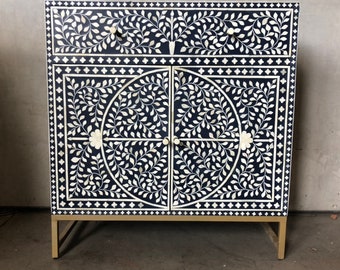 Bone Inlay Storage Cabinet | Home Decor Entryway Unit | Handcrafted Chest of Storage Navy Blue