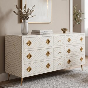 Bone Inlay 9-Drawer Dresser, Handmade Chest of Drawer, Optical Pattern Sideboard, Home decor furniture