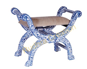 Bone Inlay Roman Stool | Vanity Sitting Chair | Scroll-Vine Pattern Dressing Stool | Handcrafted Furniture | Home-Decor