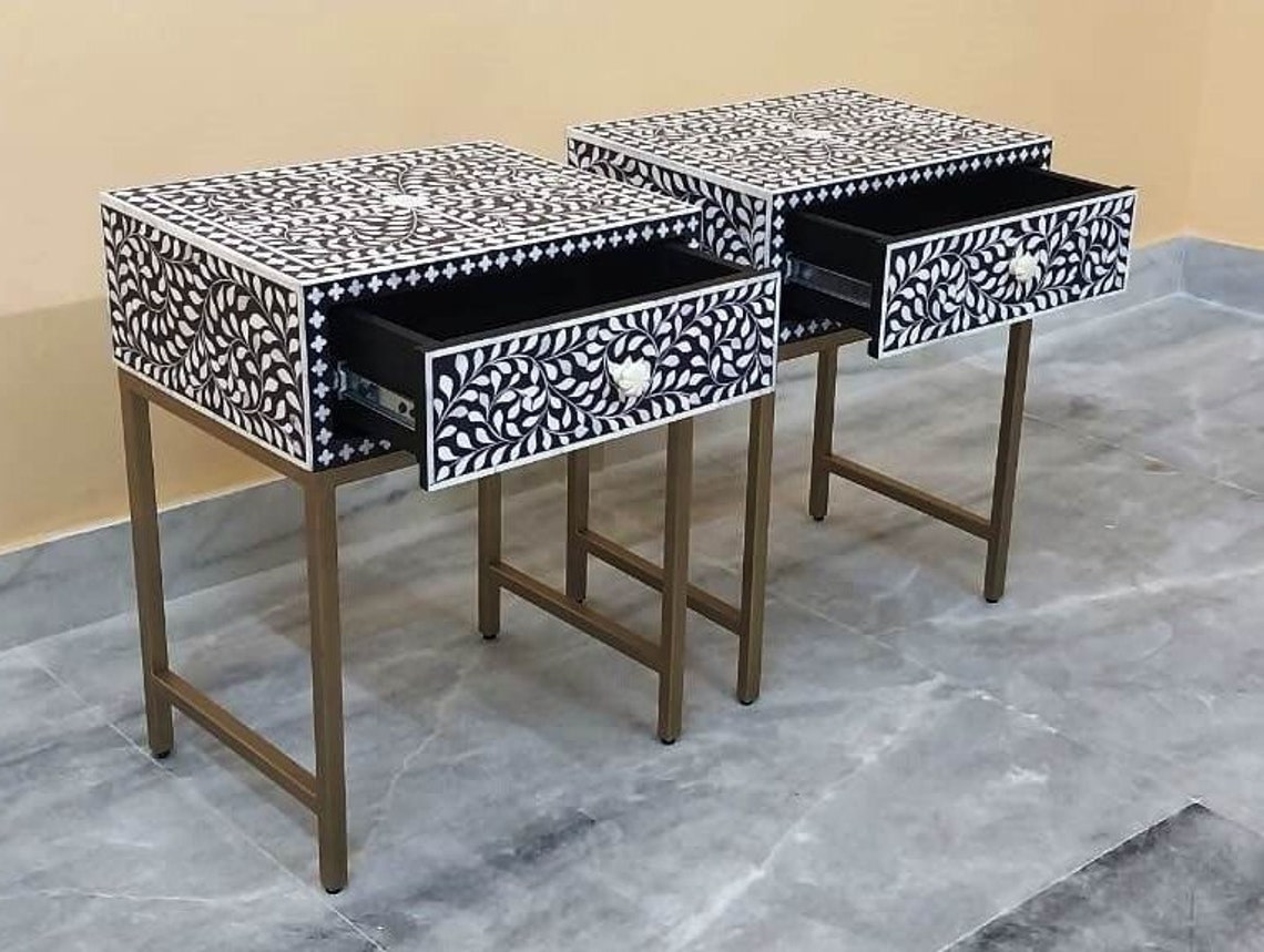 Bone Inlay One Drawer Bedside Table Indigo Blue Floral Night Stand ...