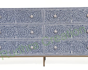 Handcrafted Bone Inlay Buffet 6 Drawers in Gray with Scroll Vine Pattern, Bone Inlay Dresser, Inlay Storage Unit, Handmade Crafted Furniture