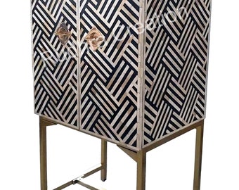 Handcrafted Bone Inlay Optical Bar Cabinet in Black and White - Free Delivery