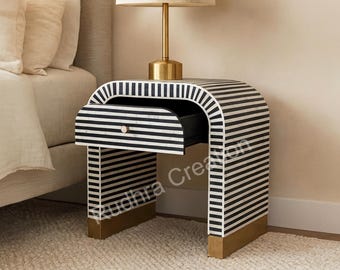 Handmade Drawer Bedside Table: Bone Inlay Strip Line storage side table