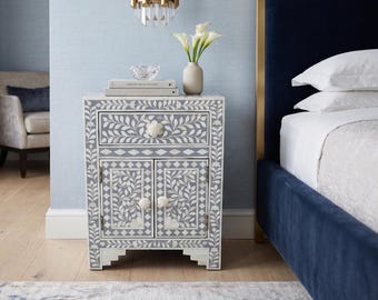 Bone Inlay Bedside, Storage Side Table, 1 Drawer 2 Door Night Stand, Storage Table