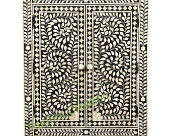 Bone Inlay Two Drawer Storage Cabinet in Scroll Vine Pattern with Black and White - Free Delivery