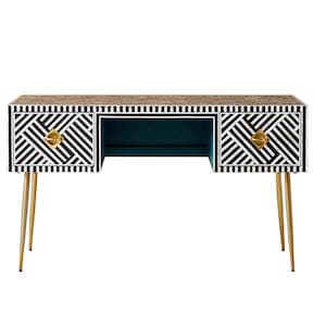 Bone Inlay Work Desk | Storge Study Desk | Drawer Console Table | Black-Optical Console | Handcrafted Desk | Storage Vanity Table- Free Ship