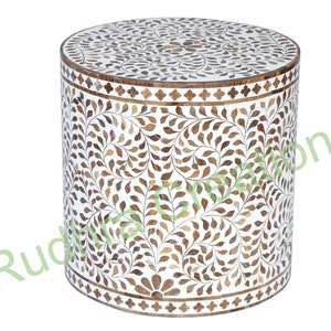 Mesa de centro com incrustações de madeira de teca | Mesa de serviço cilíndrica feita à mão | Mesa de canto | Mesa de centro para hall de entrada com decoração para casa