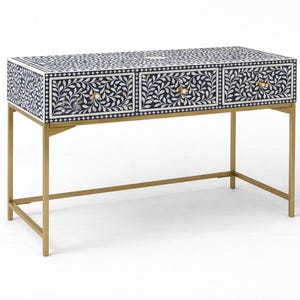 Bone Inlay 3-Drawer Vanity Table – Navy Blue Scroll Vine Pattern, Console, Work-Desk, Study-Table, Drawer-Storage