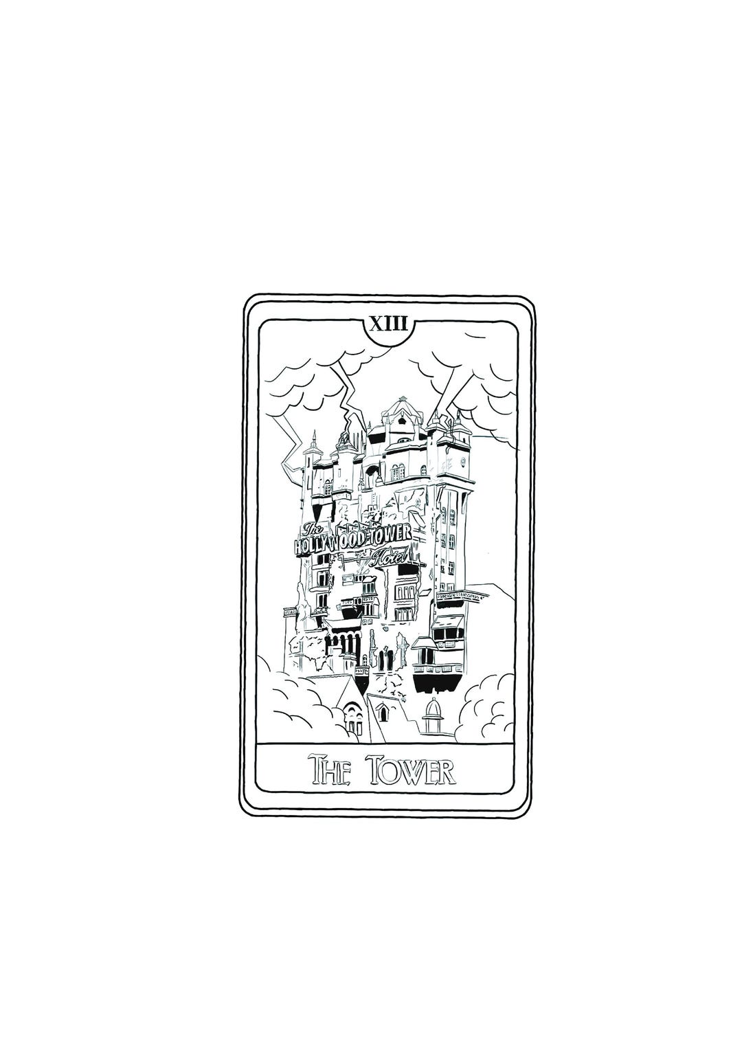 A digital tarot card design of The Tower, featuring a minimalist illustration of a burning tower with a figure falling, symbolizing sudden transformation.