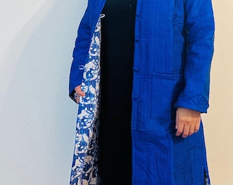 Abrigo reversible de algodón azul – Chaqueta bohemia floral hecha a mano
