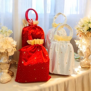 Handmade Red & White Silk Potli Bag: Indian Wedding Favor with Handle