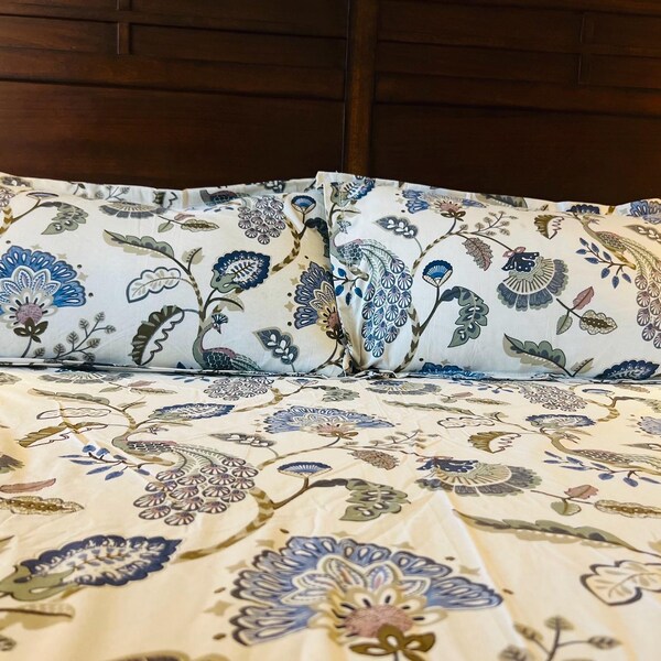 Handmade Peacock  Floral Cotton Fitted sheet with Pillow Covers – Boho Style Bedding, Queen Size, Traditional Print, Perfect gift