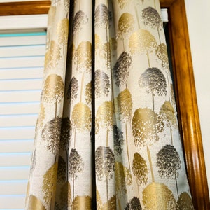 Modern Tree Patterned Curtains, Bohemian Gold and Grey Accent Curtains for Bedroom or Living Room, Stylish Home Decor, Housewarming Gift