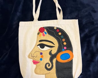 Handmade Lady Profile Tote Bag | Eco-Friendly Canvas Shopping Bag