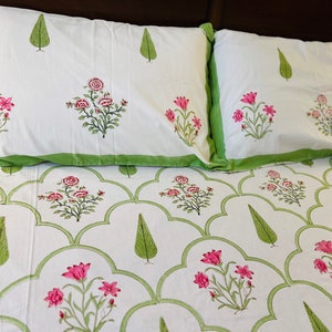 Elegant Handmade Queen Bed Set: Block Print Floral Design, 3-Piece 100% Cotton Sheets & Pillows, Washable, 90x108 Inches