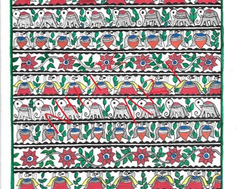 以下が含まれることがあります： 手描きのカラフルなアートワーク。花、鳥、象、壺の繰り返し模様が特徴です。赤、黄、青、緑の要素が使用され、白黒のボーダーと緑のフレームが施されています。右下には「Nili's Art」と書かれています。