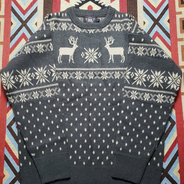 Double RL RRL Ralph Lauren Vintage Snowflake Jacquard Forest Stadium Deer Wool Knit Sweater
