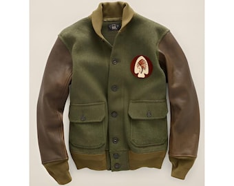 Double RL RRL Ralph Lauren Indian Head Leather Sleeve Wool  USAAF Type A-1 Varsity Bomber Jacket Size M