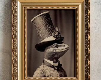 Lizard Man Vintage Poster, Art Poster PRINTABLE, Dark Academia Print, Gothic Victorian Gentleman, Reptilian Photograph, Home Decor