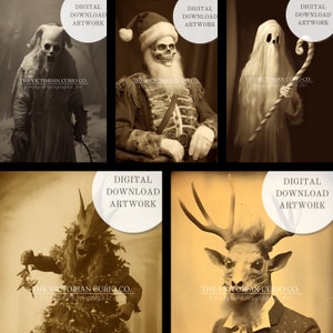 Creepy Christmas Print Collection, Gallery Wall PRINTABLE Set Of 5, Spooky Krampus, Skeleton Santa Claus, Art Poster Prints, Eerie Photo