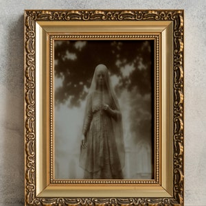 Grim Ethereal Widow Print, PRINTABLE Wall Art, Spooky Graveyard Ghost Halloween Poster, Creepy Apparition Photo, Victorian Lady Spirit