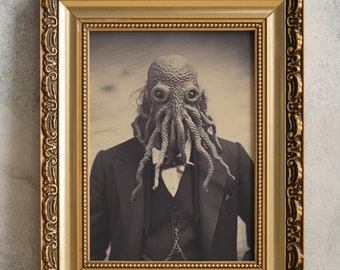 Gothic Octopus Gentleman Poster, PRINTABLE Art Portrait, Vintage Home Wall Decor Print, Victorian Monster Photograph