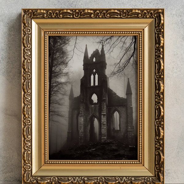 Gothic Church Ruin Poster, PRINTABLE Haunted House, Creepy Photographic Art, Eerie Print, Goth Victorian Wall Decor