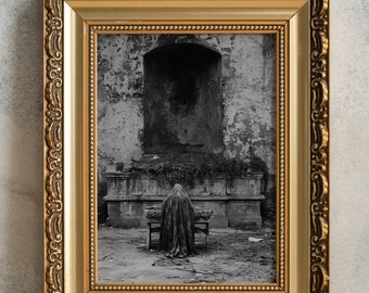 Sorrowful Spectre At A Derelict Shrine, PRINTABLE Ghost Photo, Gothic Wall Art, Creepy Decor, Eerie Print